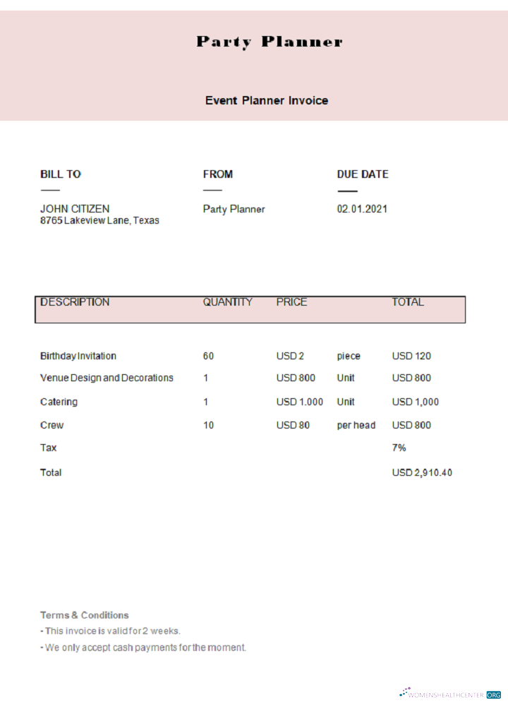Download USA Party Planner invoice Photoshop template
